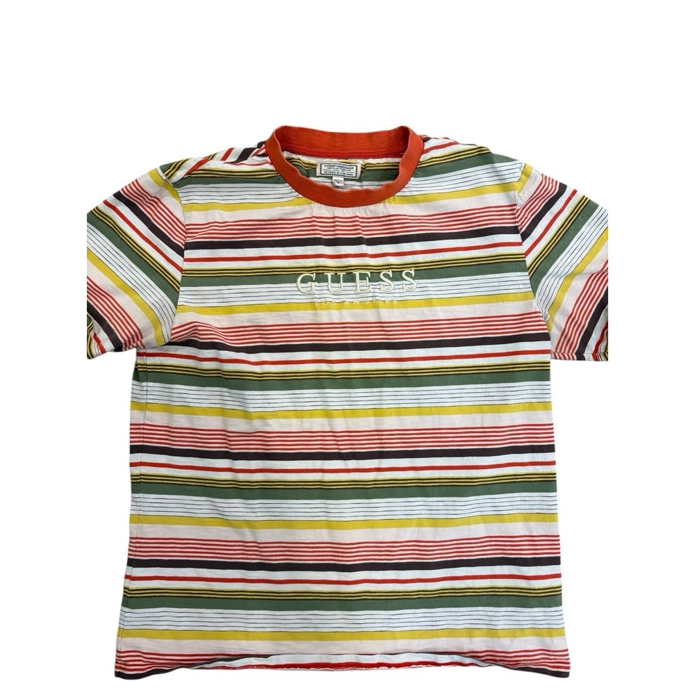 Guess Men's Striped Logo Tee Shirt Sz M Multicolor Cotton Grunge Preppy‎